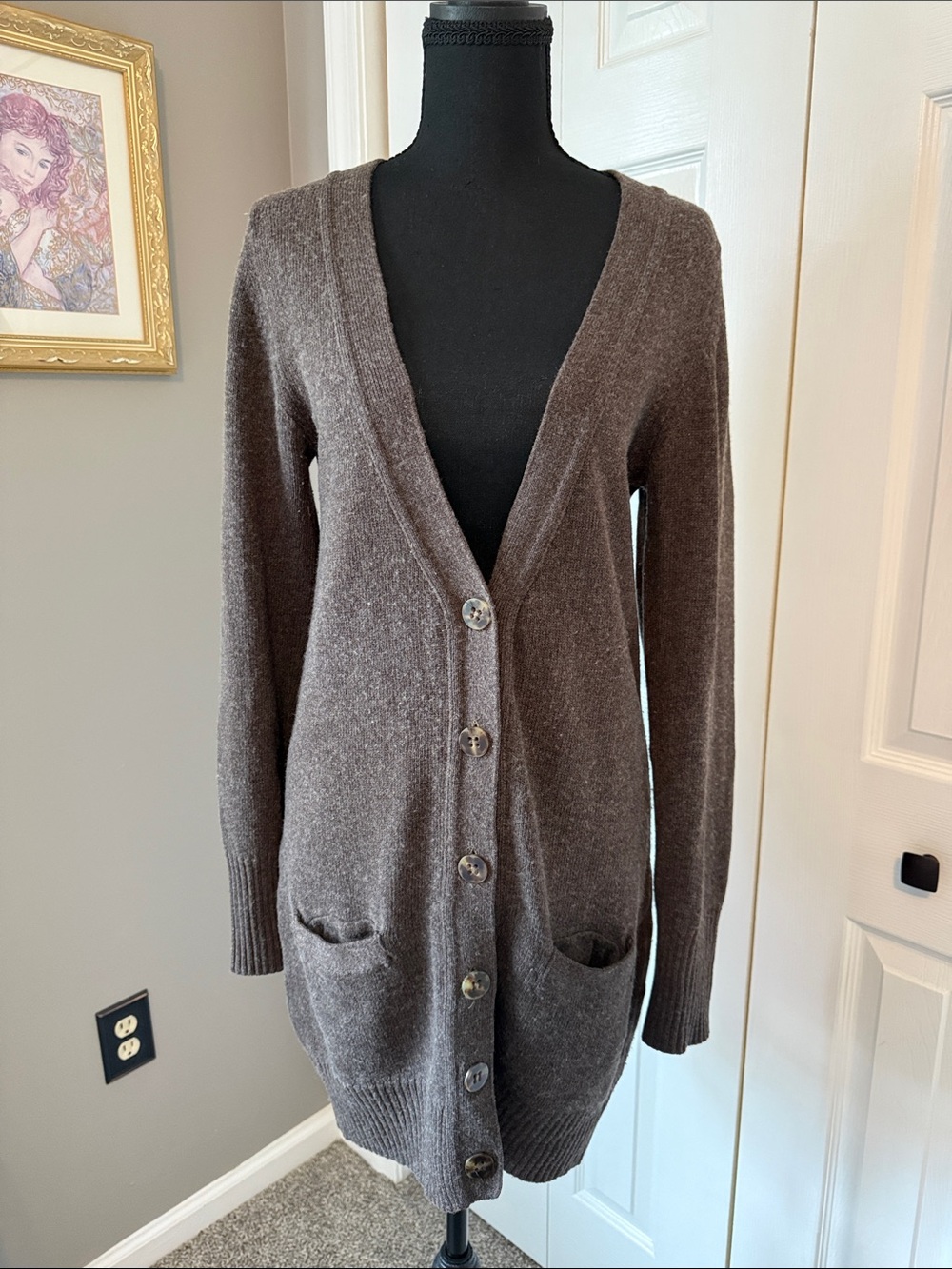 Zara Dark Brown Long V-Neck Button Cardigan